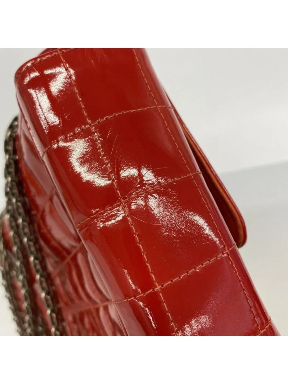 Chanel Shoulder Bag 2.55 Choco Bar Patent Leather Red Silver